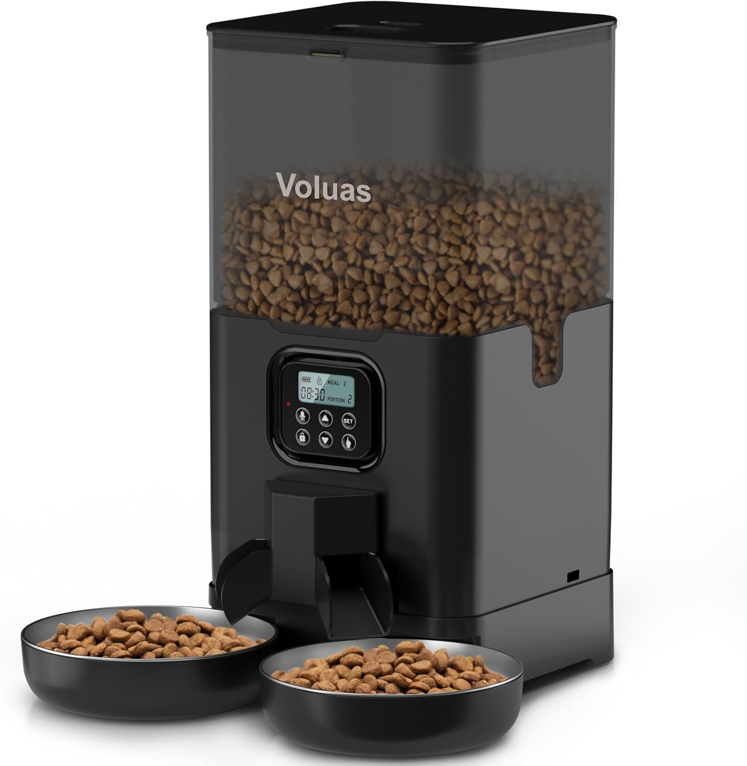 VOLUAS automatic cat feeder for two cats with dual stainless steel bowls and 6L capacity food storage