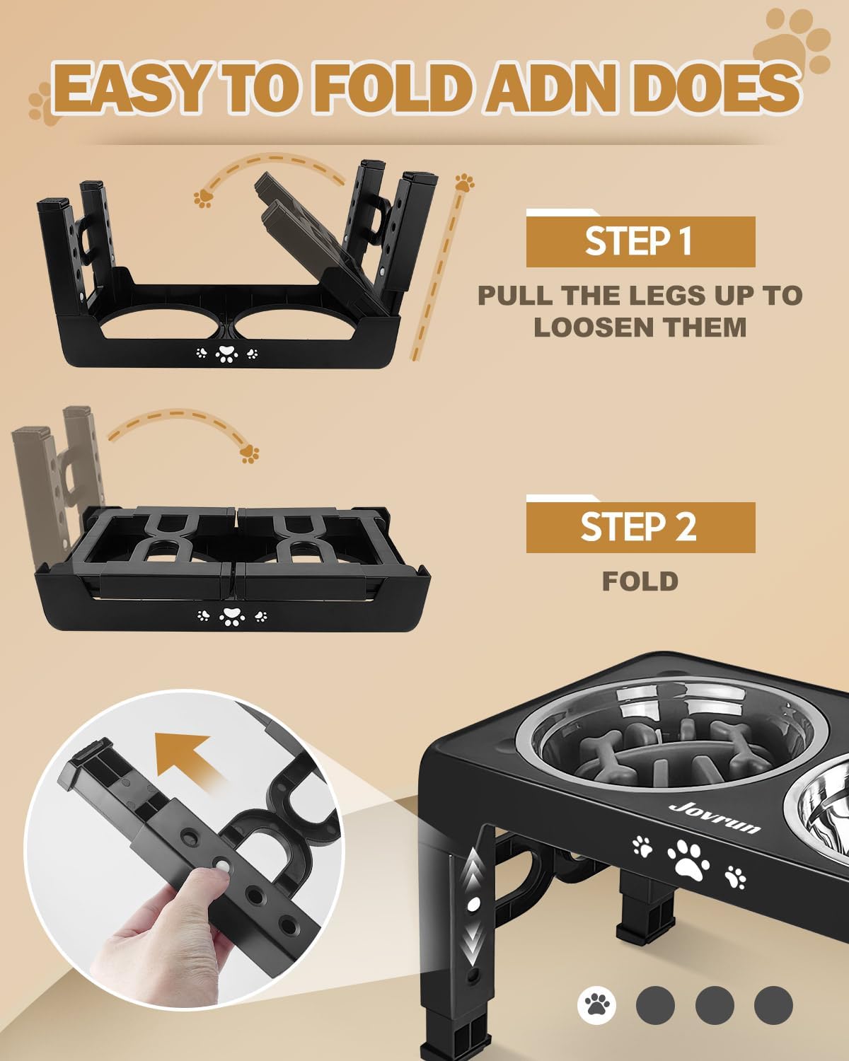 Jovrun dog bowl stand with foldable legs showing compact storage and travel-friendly design