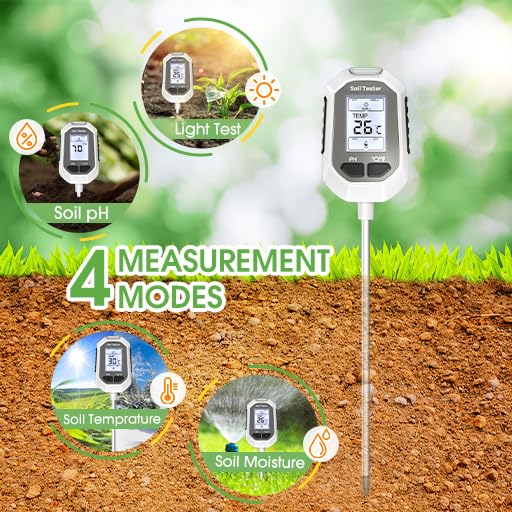 Digital soil pH tester 8-inch probe inserted in plant soil measuring moisture and temperature levels