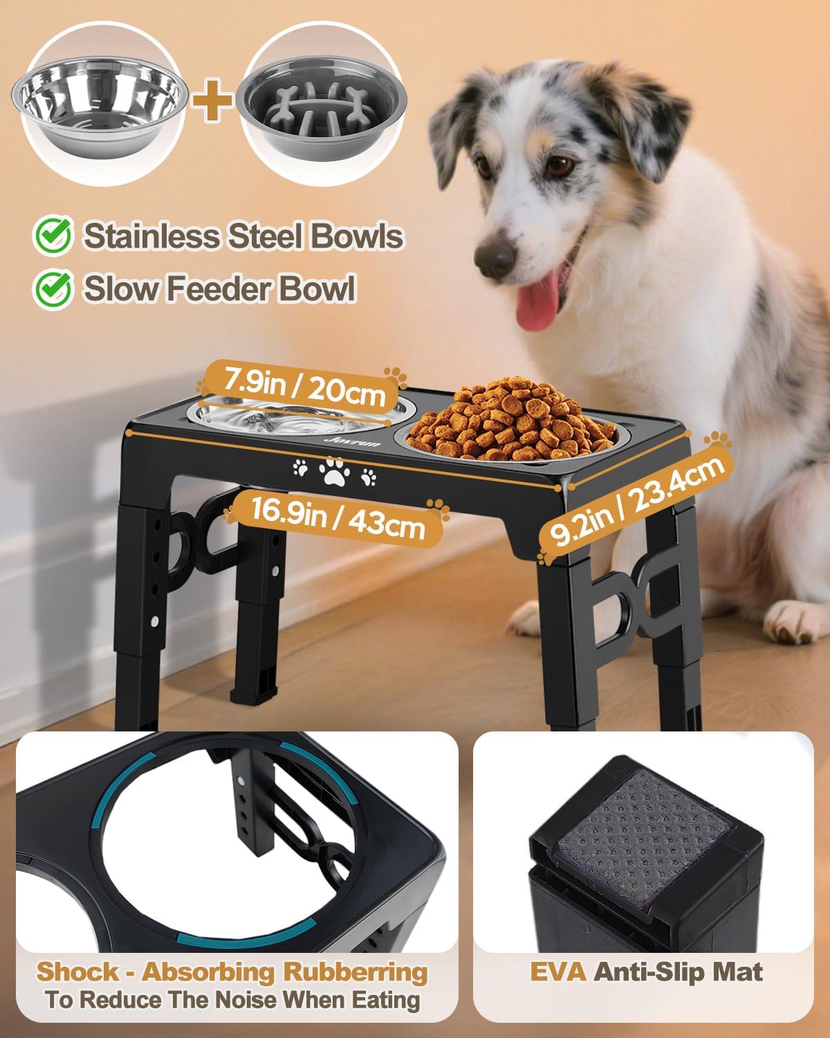 Large dog eating comfortably from Jovrun elevated dog bowl showing proper feeding posture and height