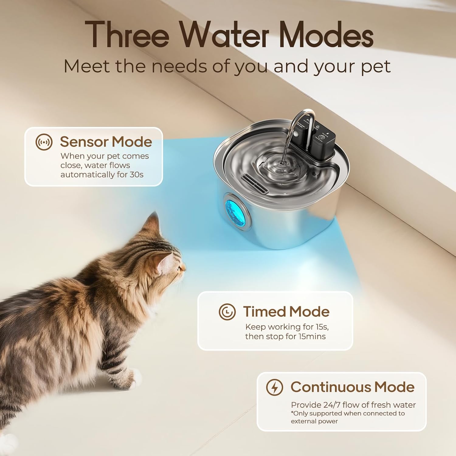 Low-noise pet water fountain for cats and dogs