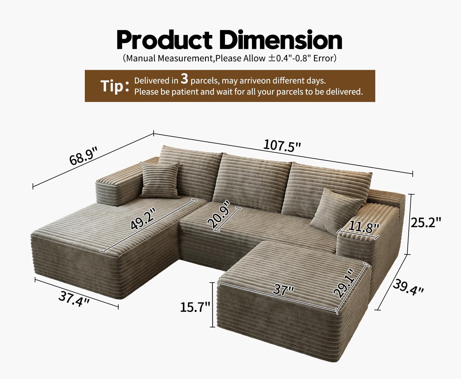 Durable sectional sofa with 1400 lb weight capacity
