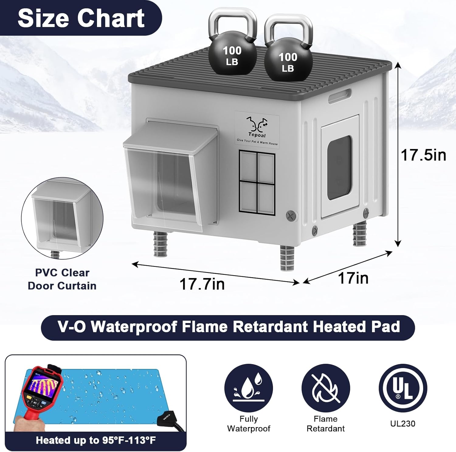 Double-layer PE PP plastic construction of Tepoal heated cat house showing 200 pound force resistance