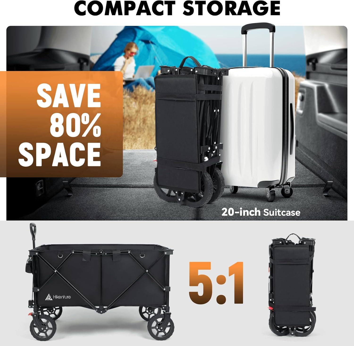 Heavy-duty portable wagon hauling beach gear through sand showing 330 pound capacity with family equipment