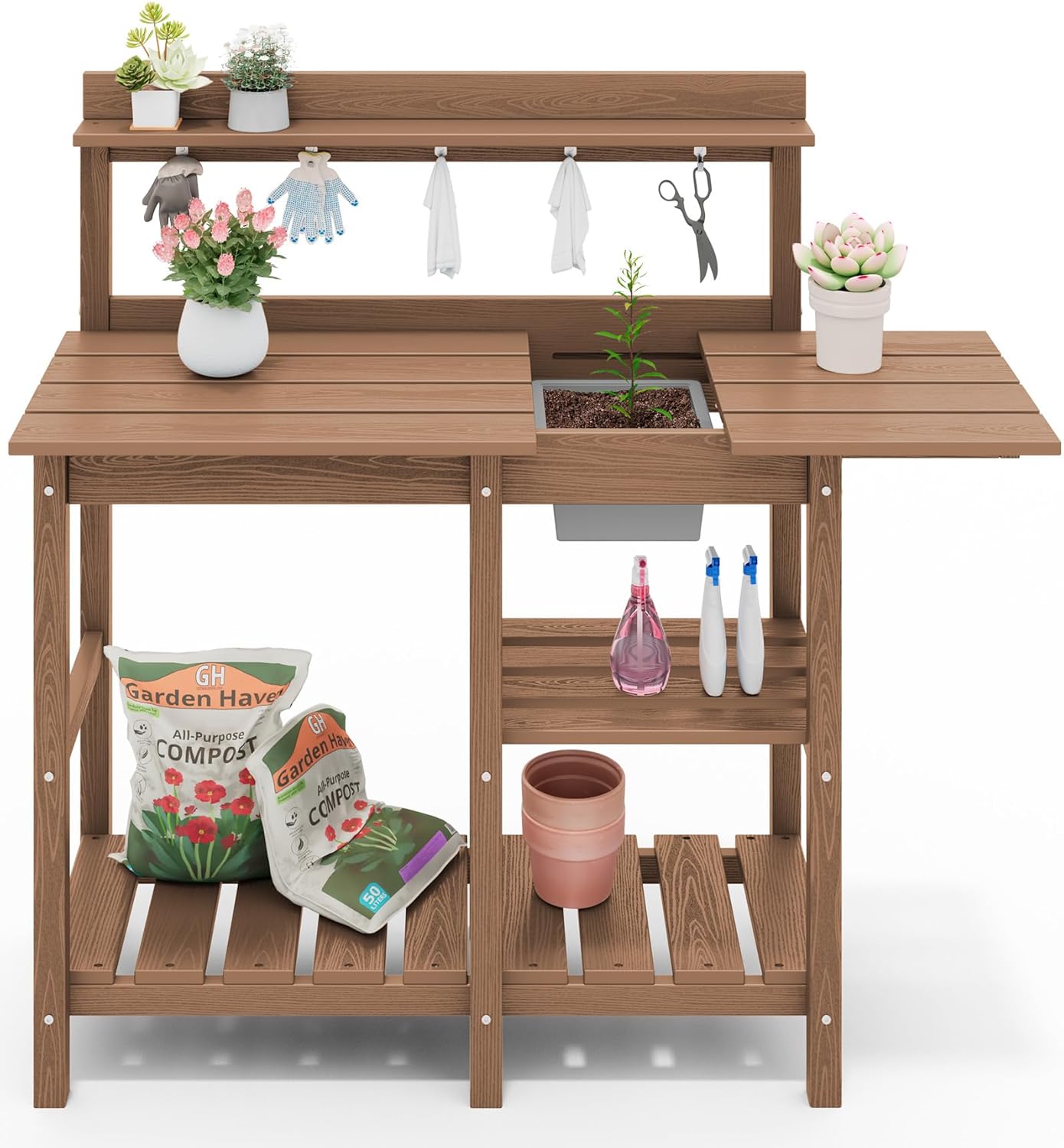 SERWALL outdoor potting bench with sink weatherproof HDPE 4-tier storage brown color