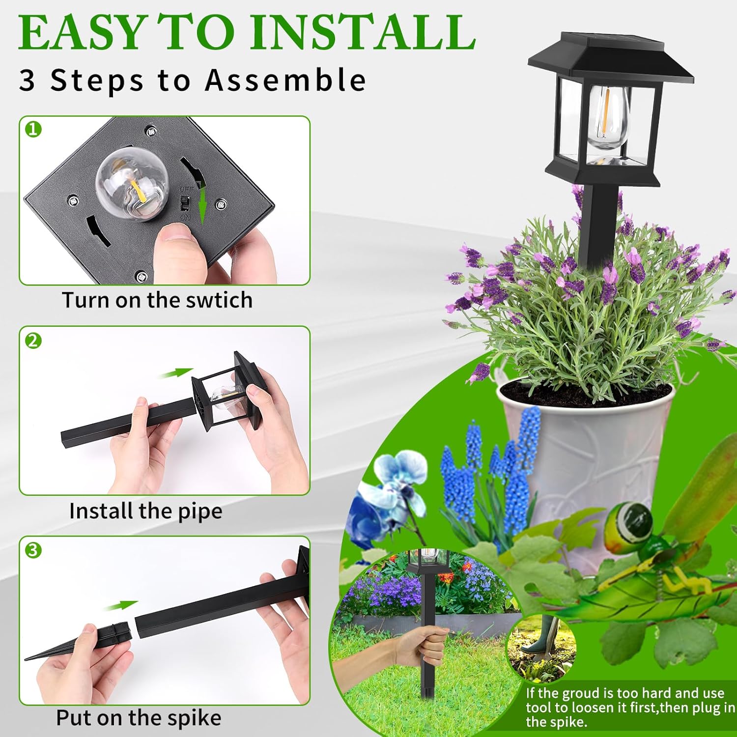 Easy installation of solar powered pathway lights with stake into ground no wiring required