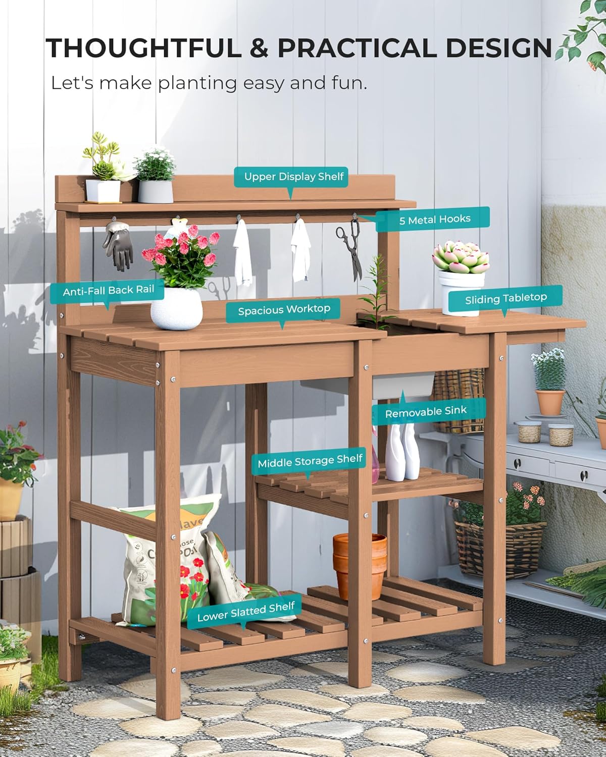 Gardener using SERWALL potting station for transplanting plants with organized workspace