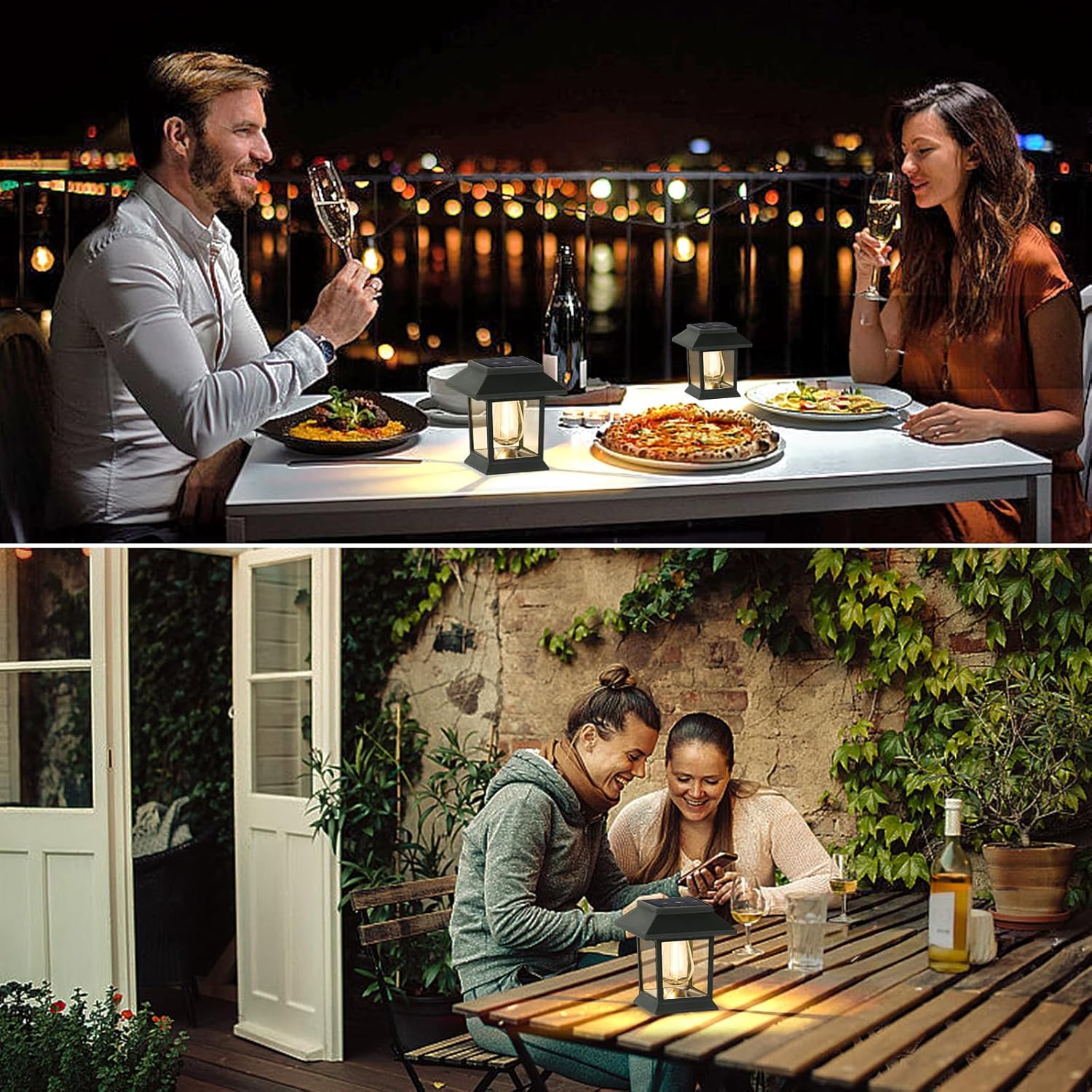 Solar landscape lighting illuminating yard pathway and garden with warm white LED ambiance