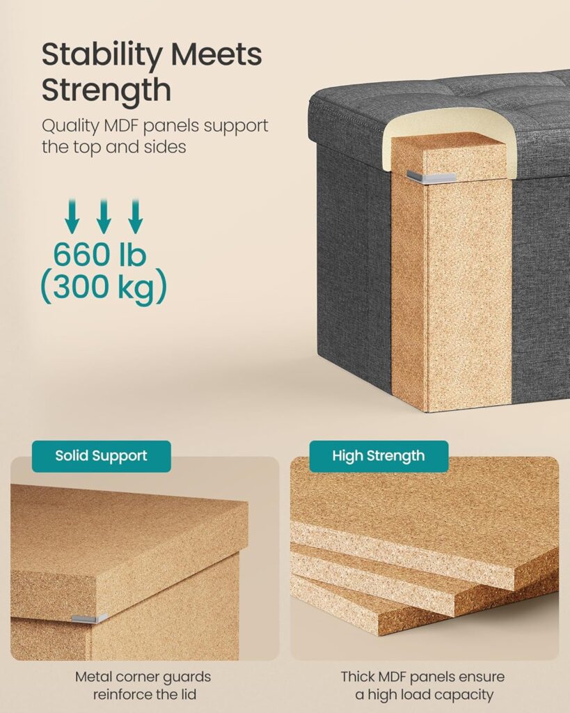 Premium MDF construction and thick padding of SONGMICS 43 inch storage ottoman bench