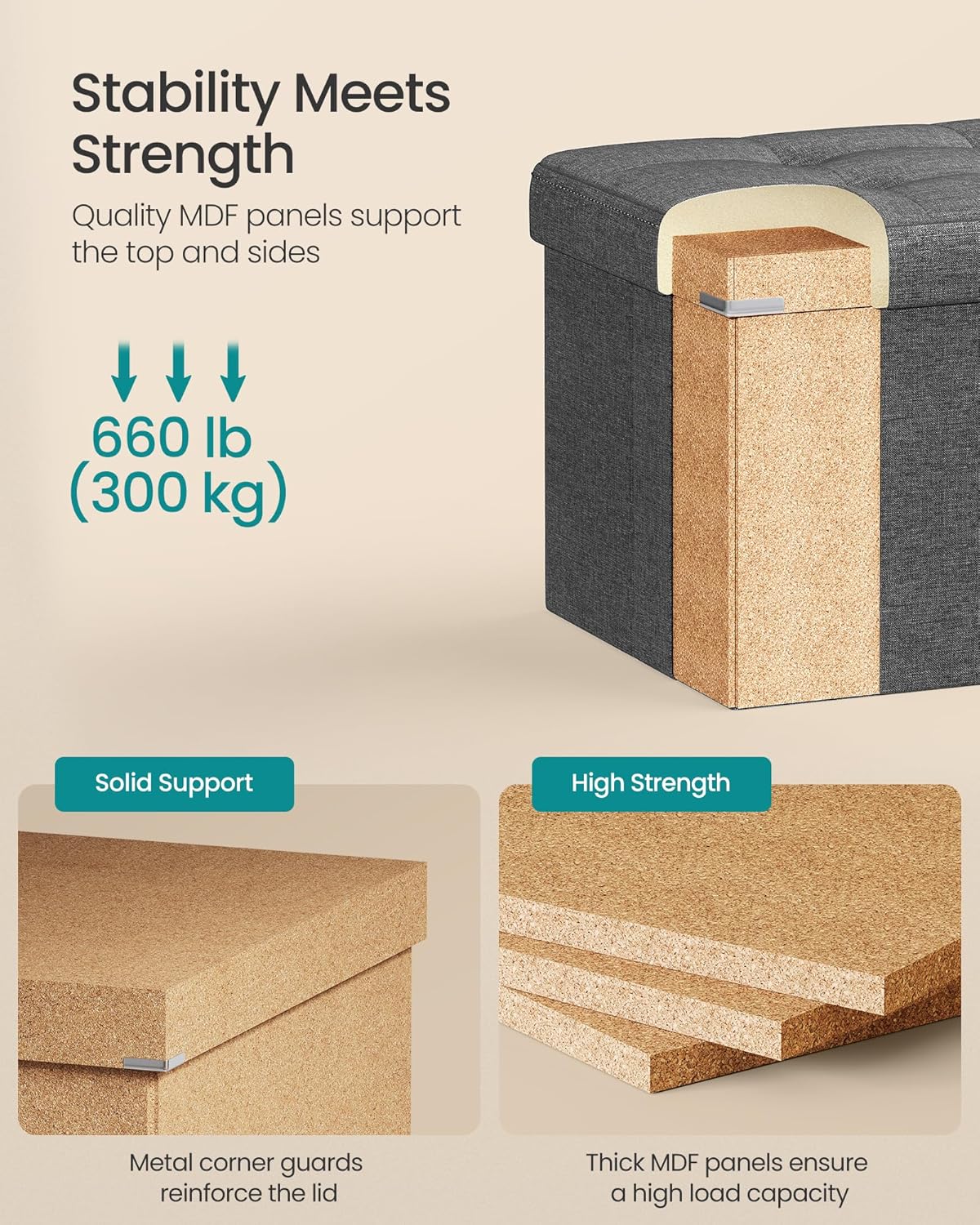 Premium MDF construction and thick padding of SONGMICS 43 inch storage ottoman bench