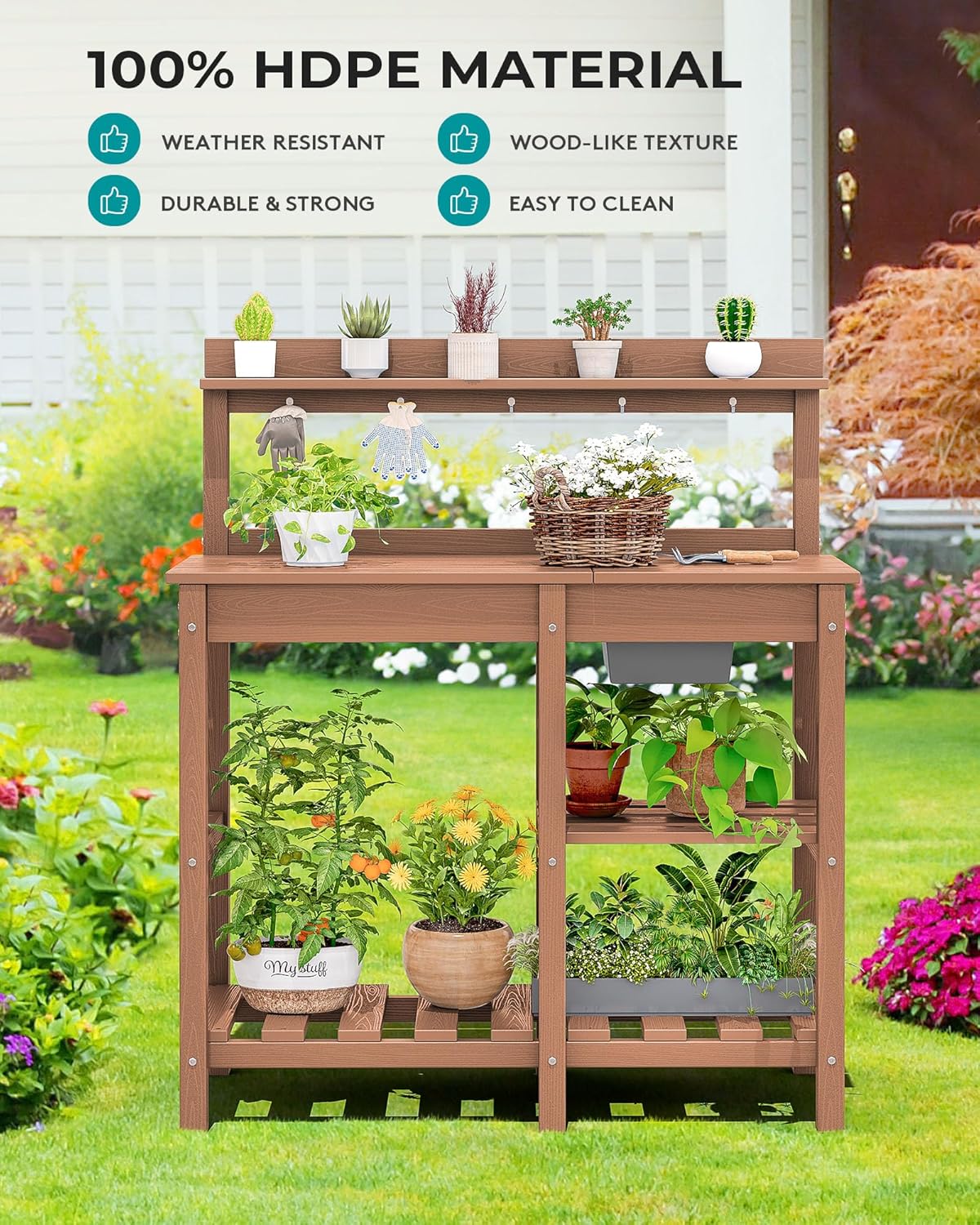 All-weather outdoor potting bench withstanding rain sun snow frost HDPE material