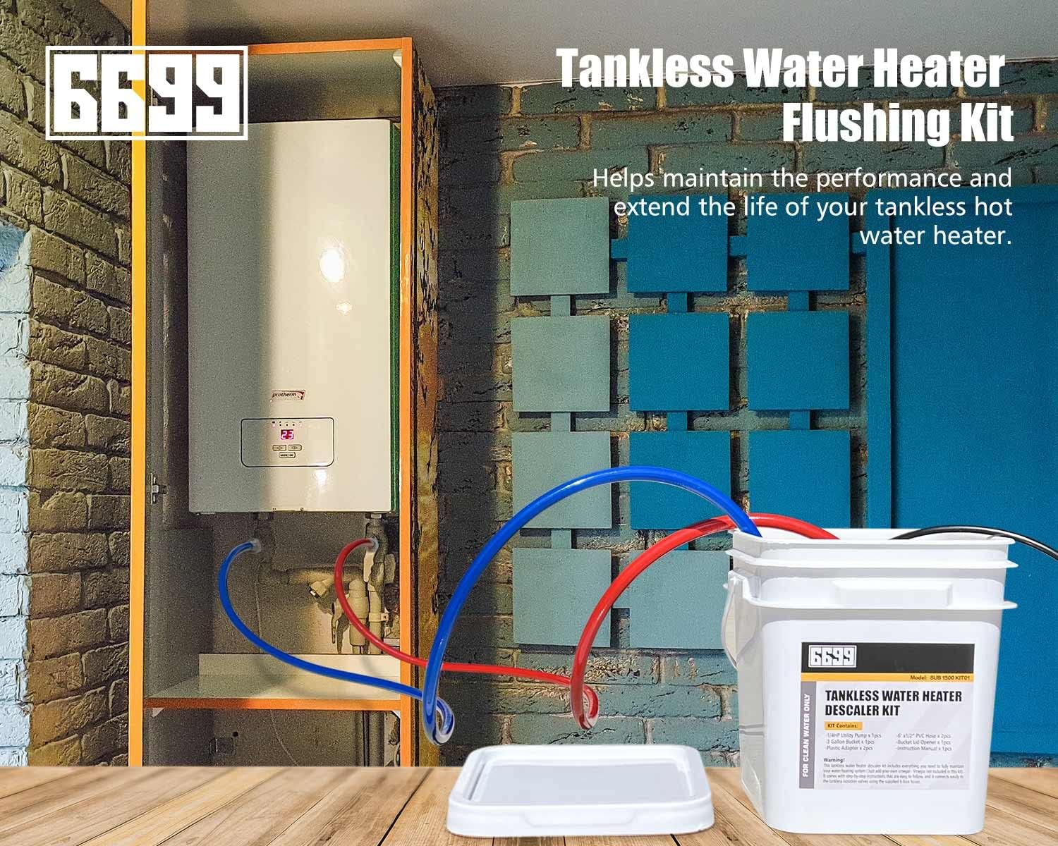 DIY tankless water heater flushing kit setup showing easy installation and descaling process