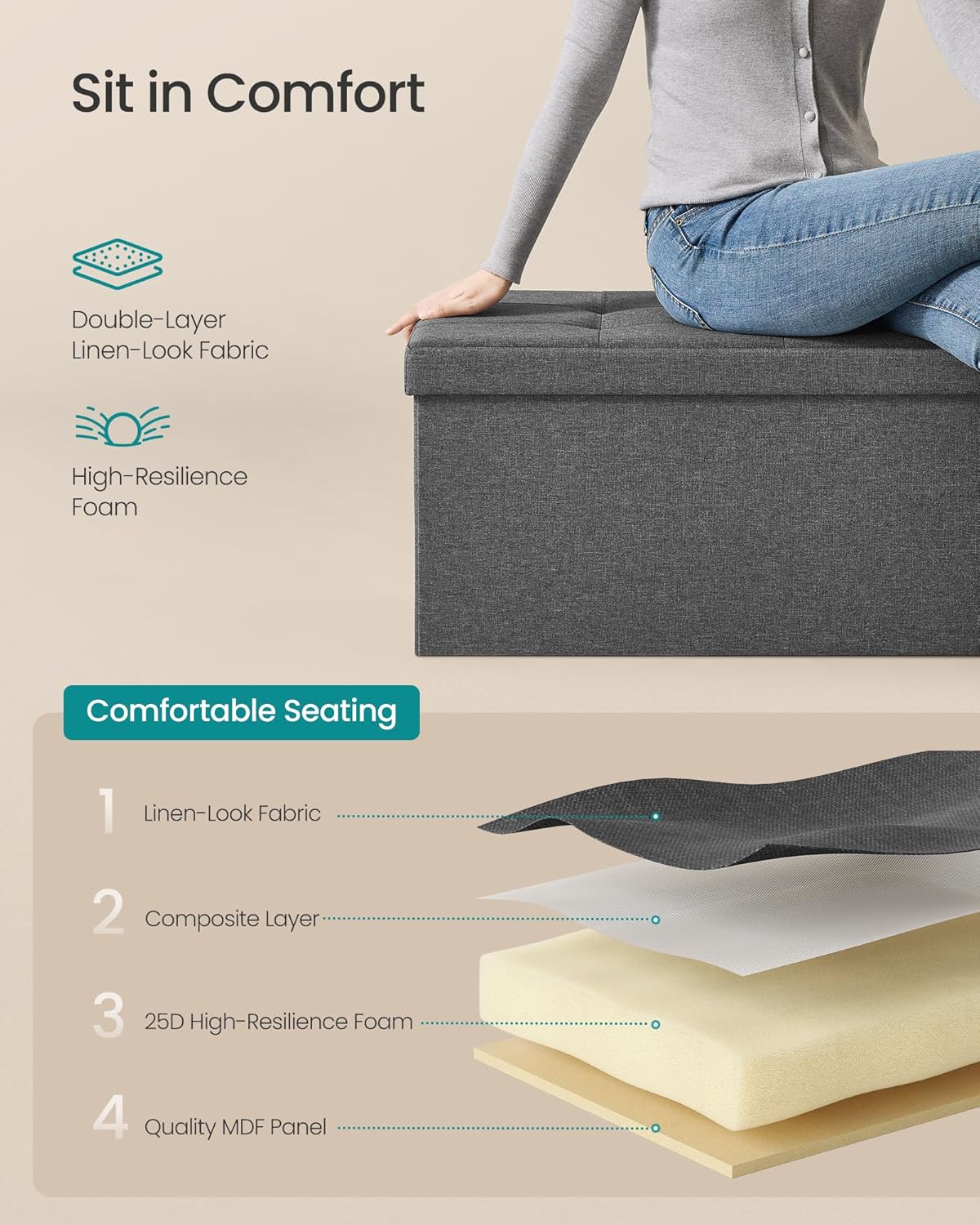SONGMICS storage ottoman bench folding to 2.7 inches thick for space saving apartment storage