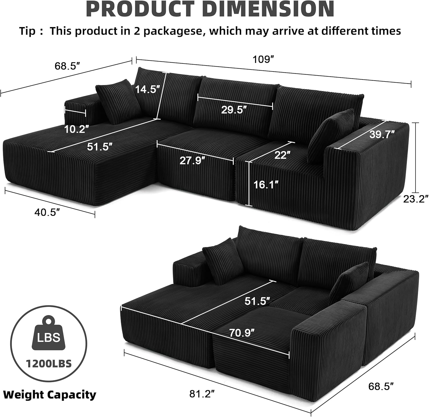 Left-facing chaise lounge section of 108 inch sectional perfect for full-body relaxation and napping