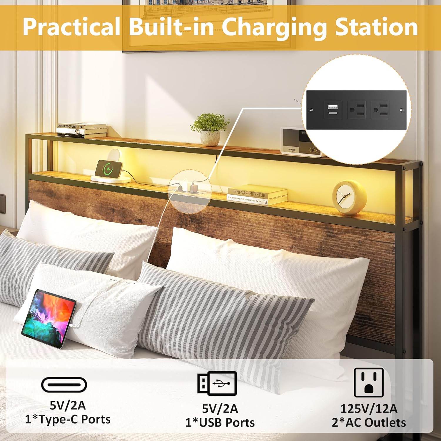 Built-in charging station with USB ports and outlets integrated into Lifezone platform bed headboard