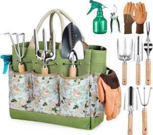 Grenebo 9-piece heavy duty gardening tool set with rust-proof stainless steel tools and storage tote