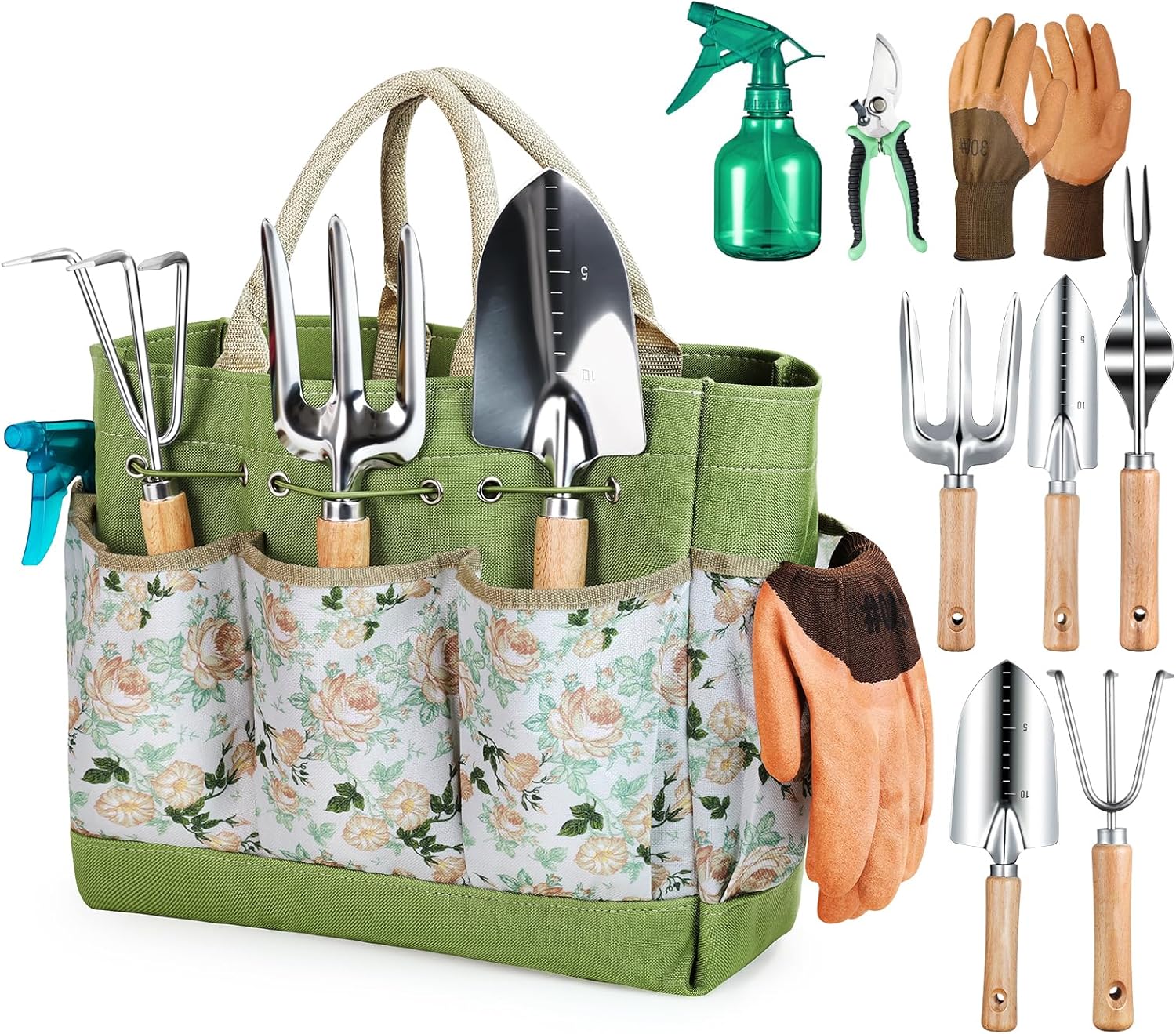 Grenebo 9-piece heavy duty gardening tool set with rust-proof stainless steel tools and storage tote