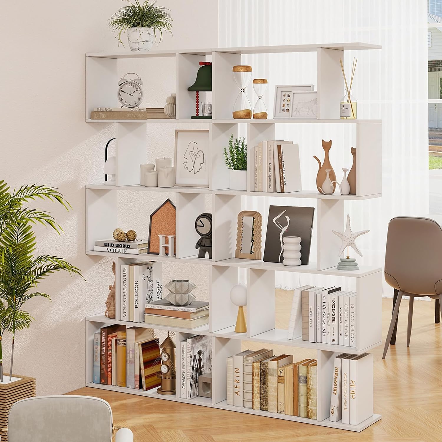 Geometric bookshelf used as living room divider