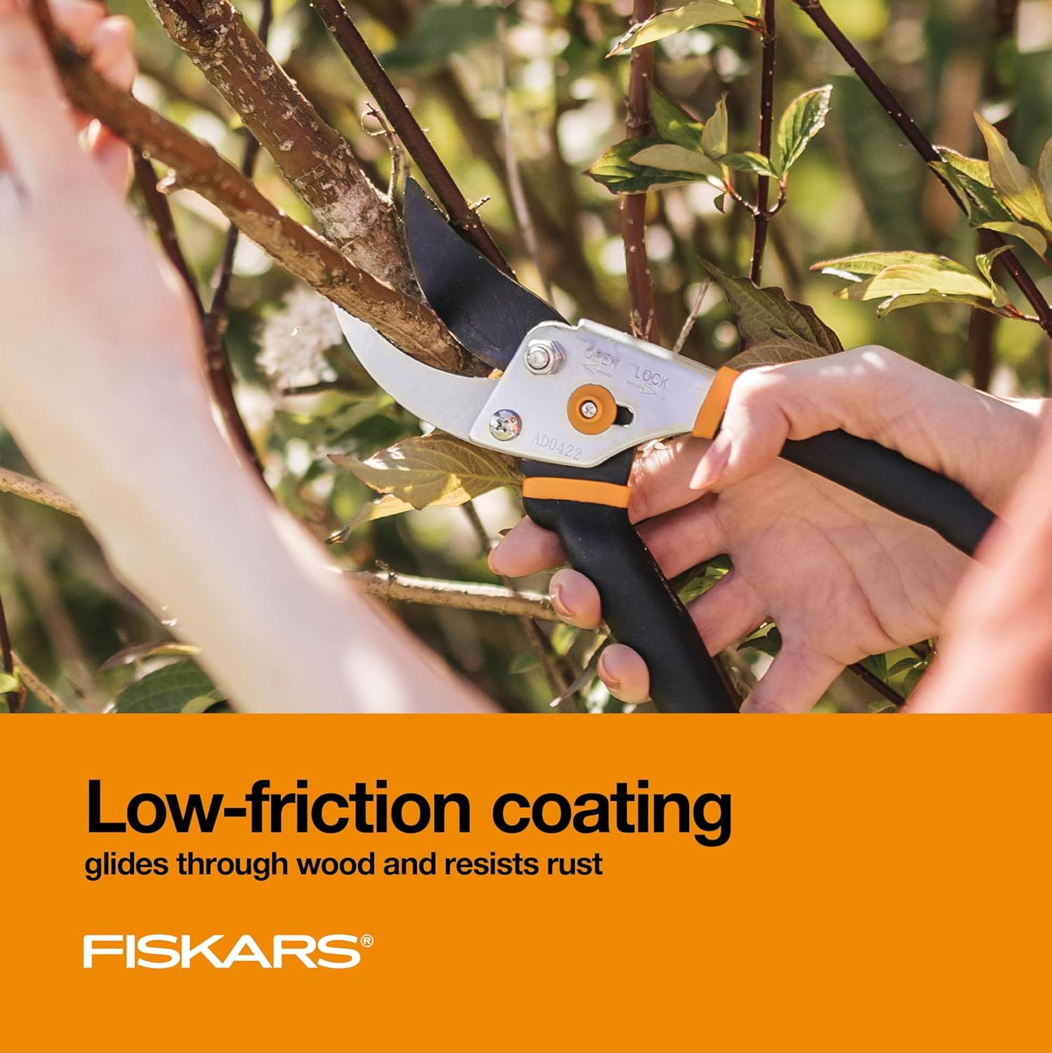 Rust-resistant steel blades of Fiskars pruning tool