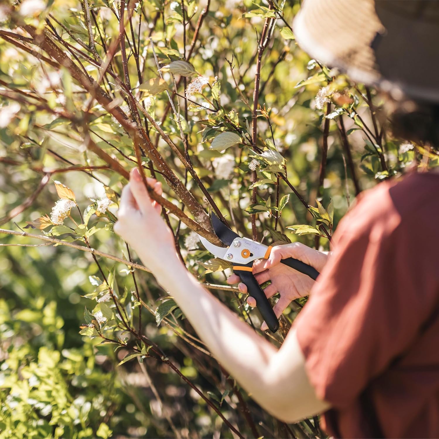 Fiskars garden clippers cutting a small tree branch
