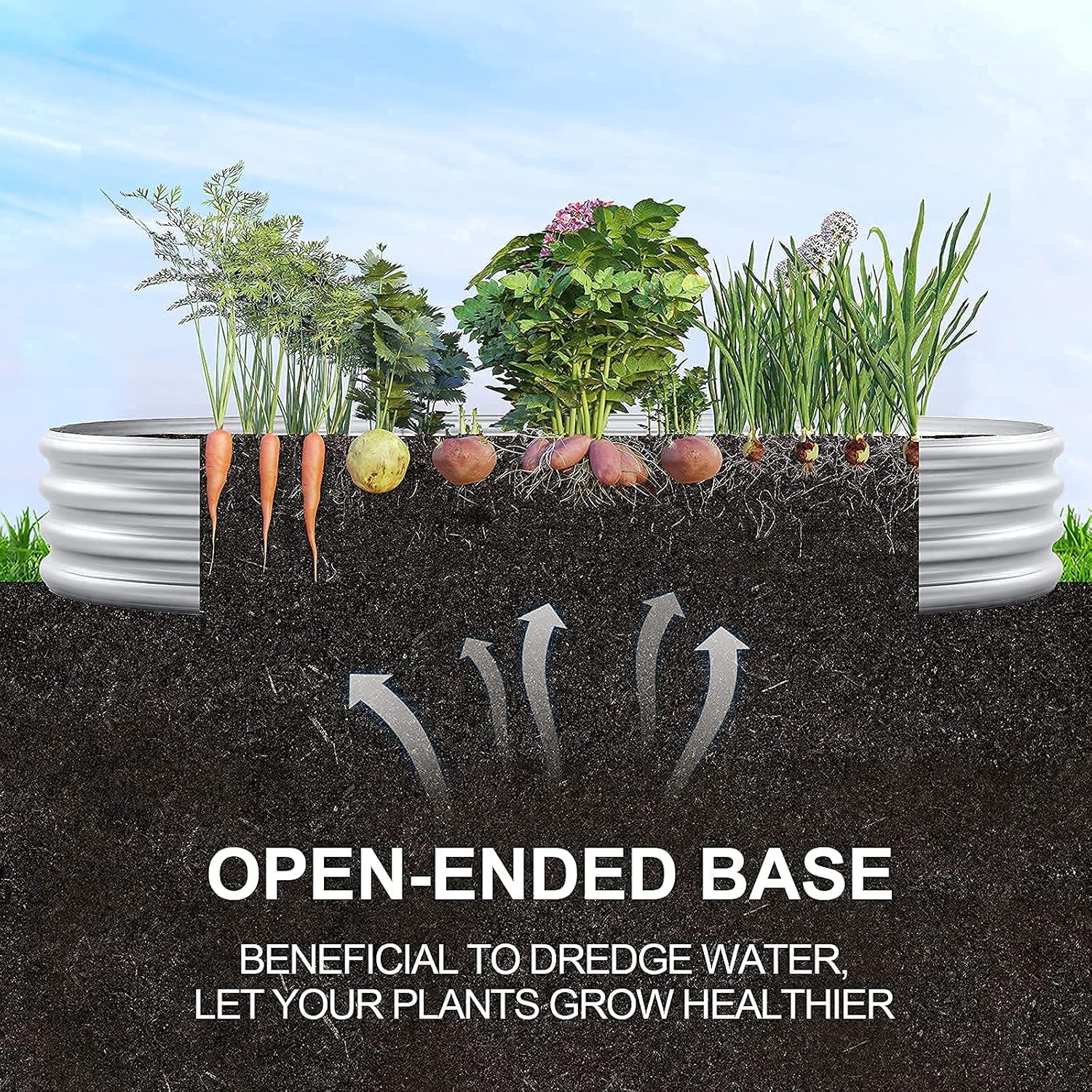 Open base design of galvanized garden bed showing drainage system preventing water accumulation