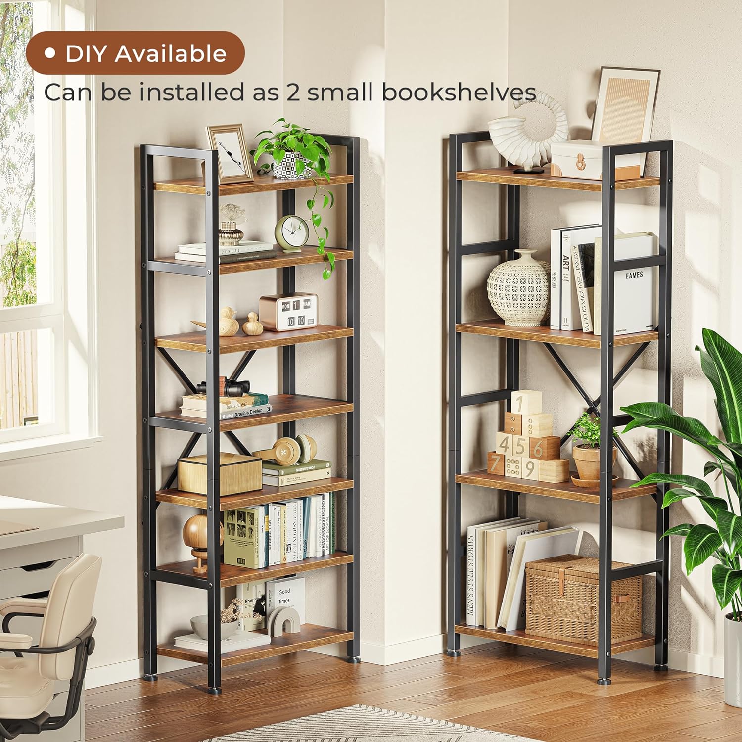Close-up of particle board and steel frame bookshelf