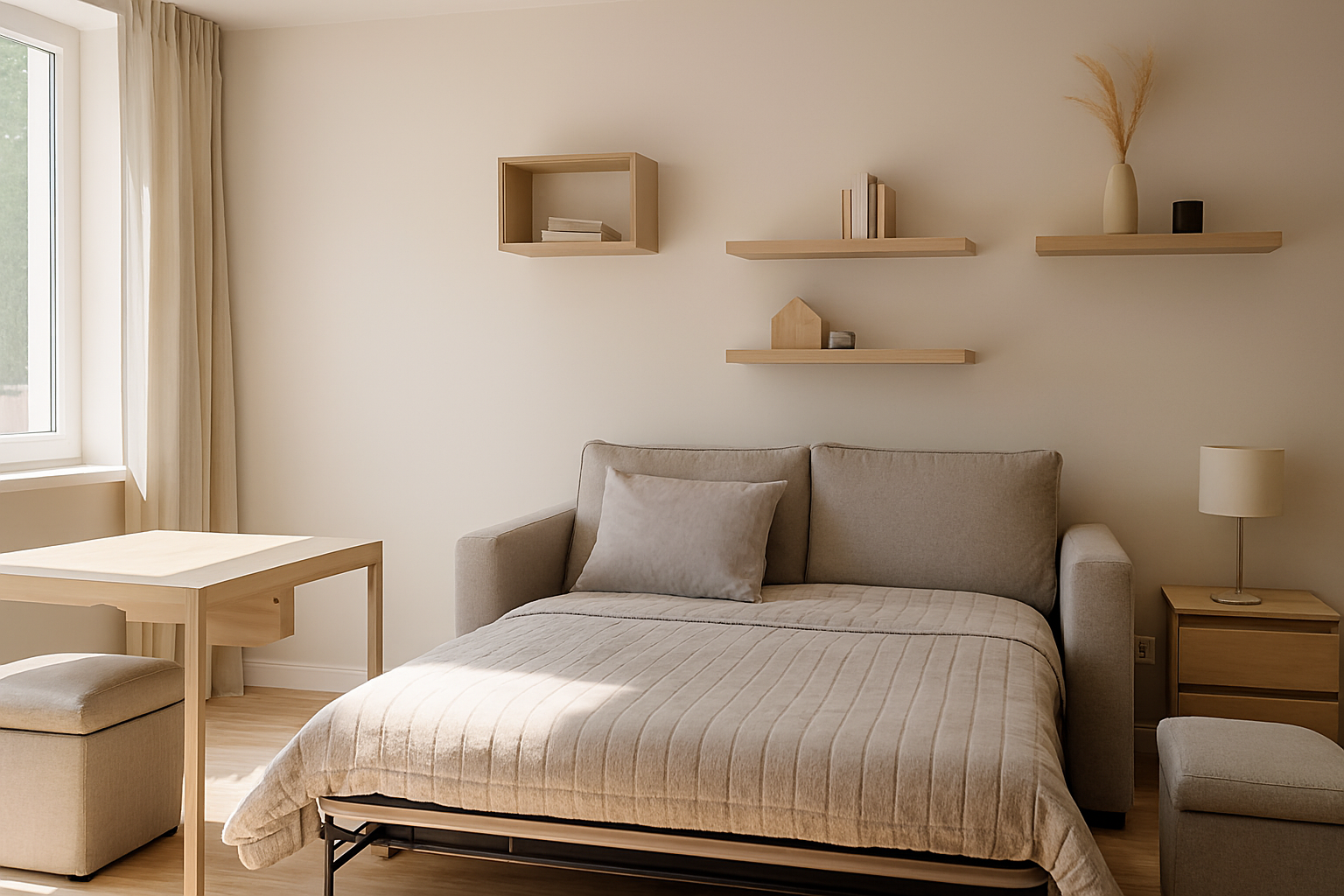 A modern small apartment interior showcasing space-saving furniture, including a fold-out sofa bed, wall-mounted shelves, nesting tables, and multifunctional storage units, bright natural light, cozy and organized atmosphere, clean and minimalistic design, horizontal composition, no text, photorealistic