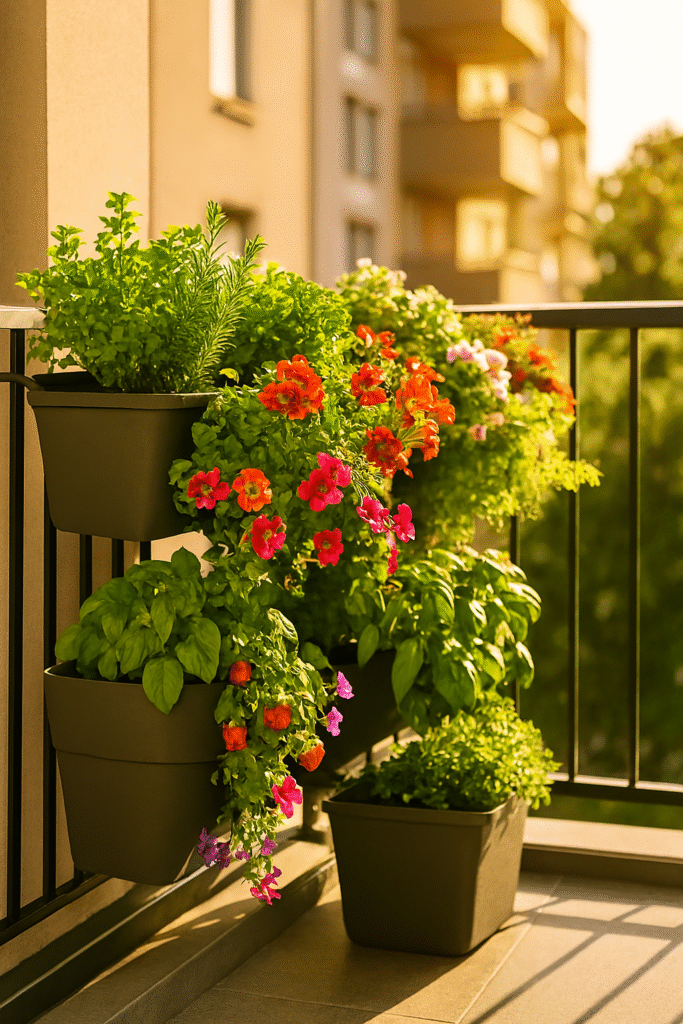 grow bags, wall planters, hanging baskets, railing planters, tower gardens, trellis systems, self-watering containers, modular planters, stackable pots, indoor gardening accessories