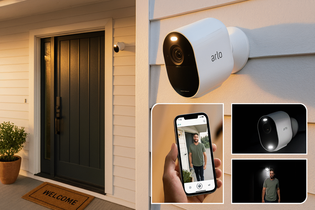 Arlo Pro 4 spotlight camera wireless security system installed on home entrance with 2K resolution and color night vision
