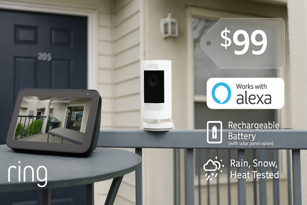 Ring Stick Up Cam battery powered security camera on apartment balcony best budget wireless option under $100
