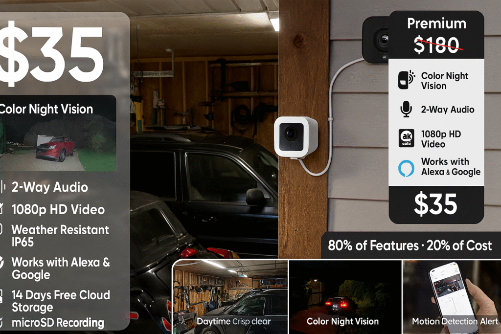 Wyze Cam v3 ultra budget $35 security camera with color night vision in garage workshop setting