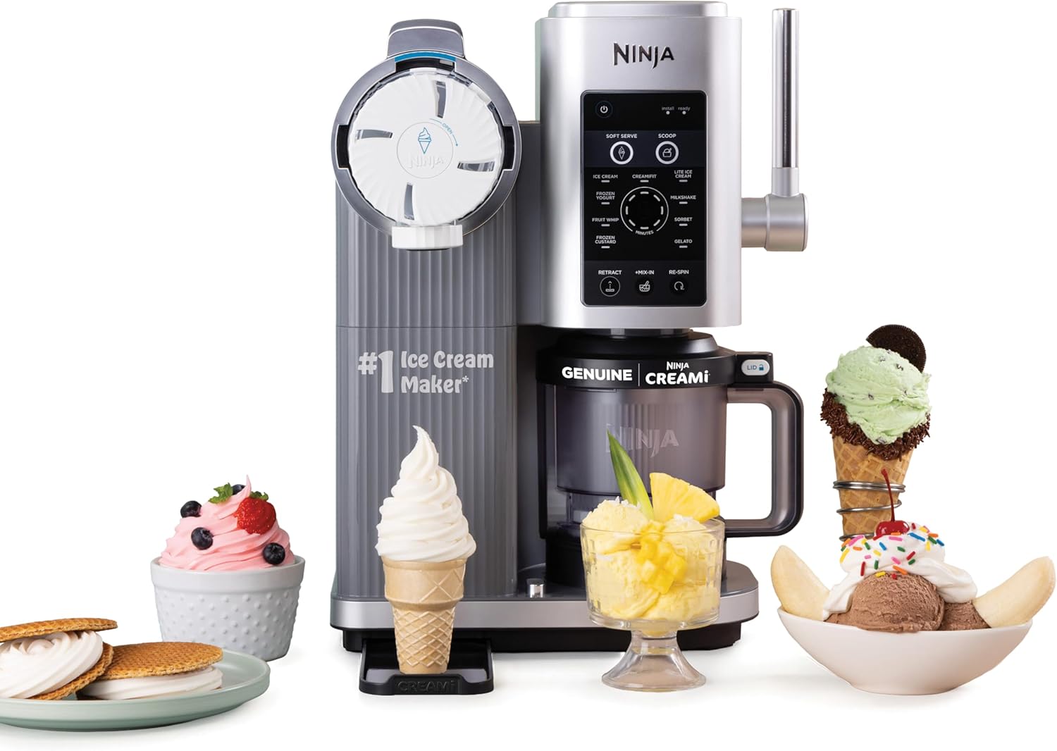 ninja ice cream maker soft serve handle dispensing creamy vanilla ice cream into waffle cone