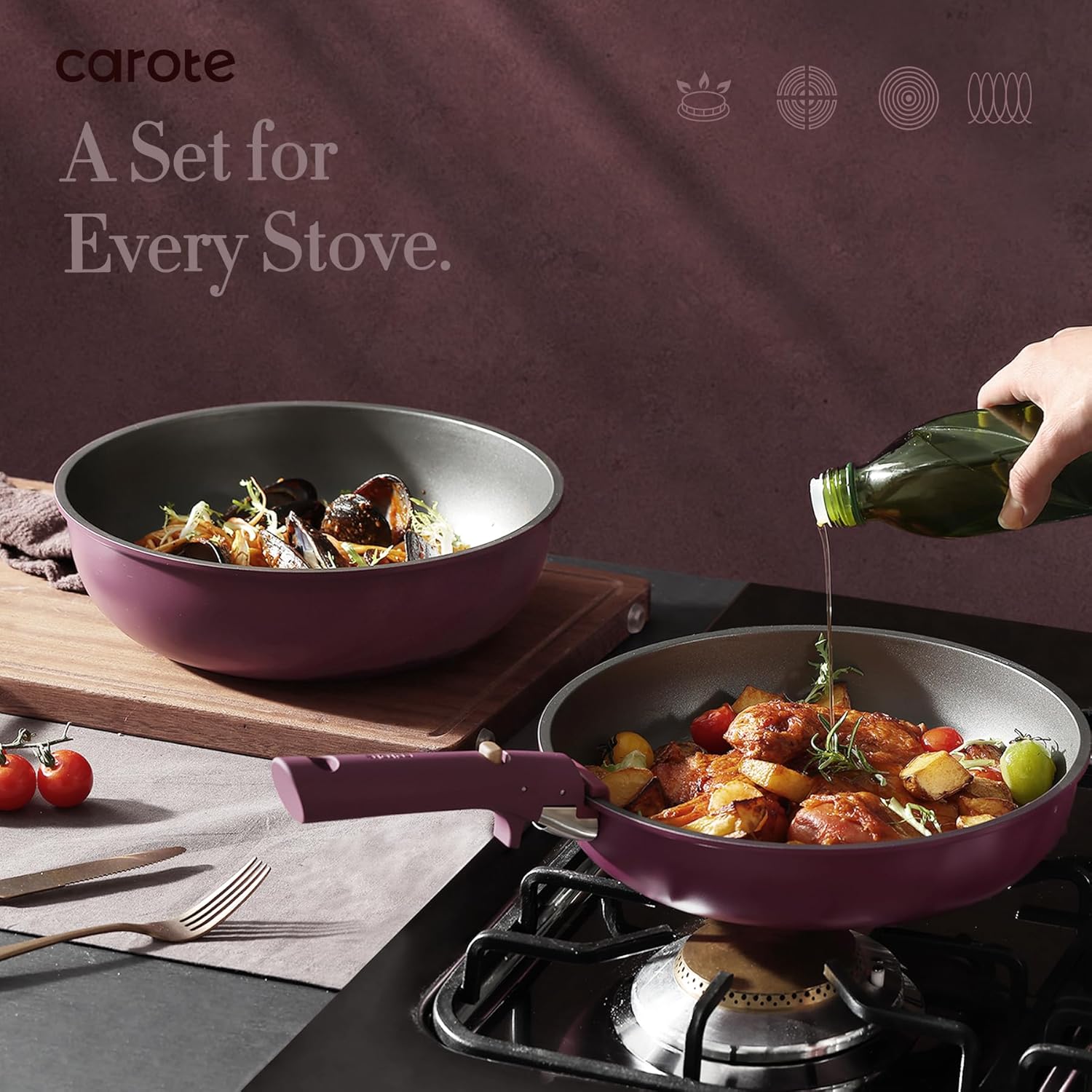 CAROTE detachable handle cookware stacked showing 70% space savings