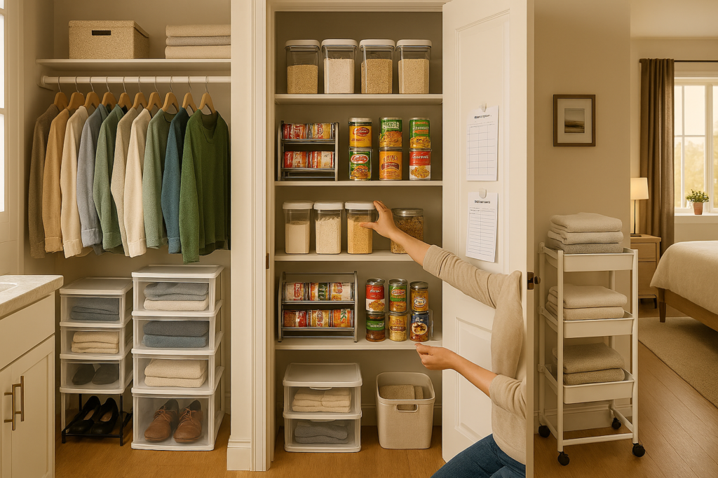 Home organization solutions showing stackable storage carts, pantry can racks, and closet systems reclaiming space in modern apartment