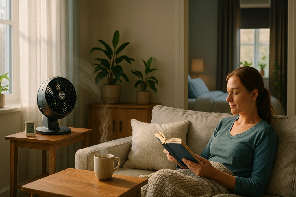 Comfortable living space featuring supportive pillows, air circulator, and wellness products creating relaxing home environment with natural light