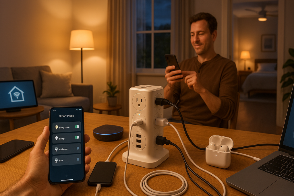 Smart home setup with connected devices including smart plugs, power strip tower, and smartphone control in modern living space at evening