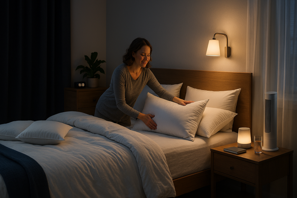 Serene bedroom with blackout curtains, supportive pillows, and quiet fan creating optimal sleep environment in modern sanctuary setting