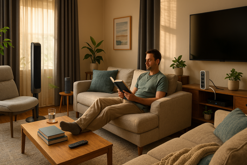 Comfortable living room with memory foam cushions, tower fan, and room-darkening curtains creating relaxing retreat space with natural light