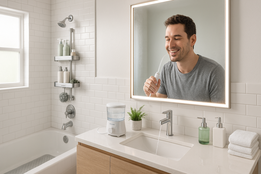 Modern bathroom with Waterpik water flosser, stainless steel shower caddy, and non-slip mat creating upgraded daily routine environment