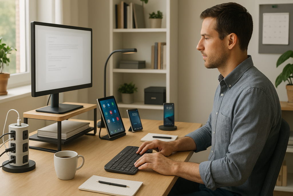 Organized home office with ergonomic monitor stand, multi-device wireless keyboard, and power strip tower creating productive workspace